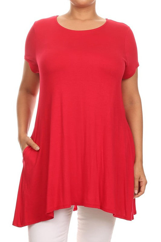 MOA Short Sleeve Tunic Top with Side Pockets - Loose Fit Solid