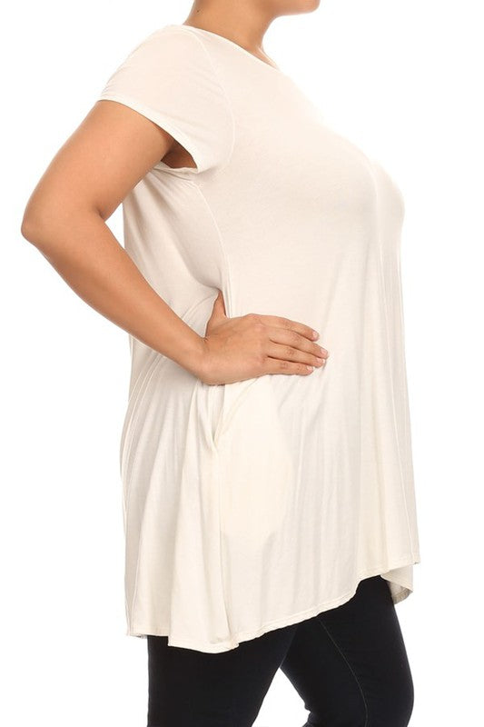 MOA Short Sleeve Tunic Top with Side Pockets - Loose Fit Solid