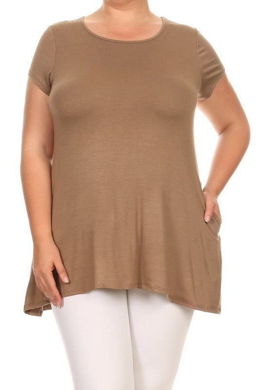 MOA Short Sleeve Tunic Top with Side Pockets - Loose Fit Solid