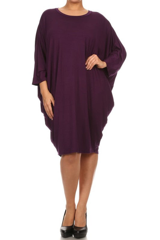 MOA Solid 3/4 Sleeve Midi Dress with Round Neckline