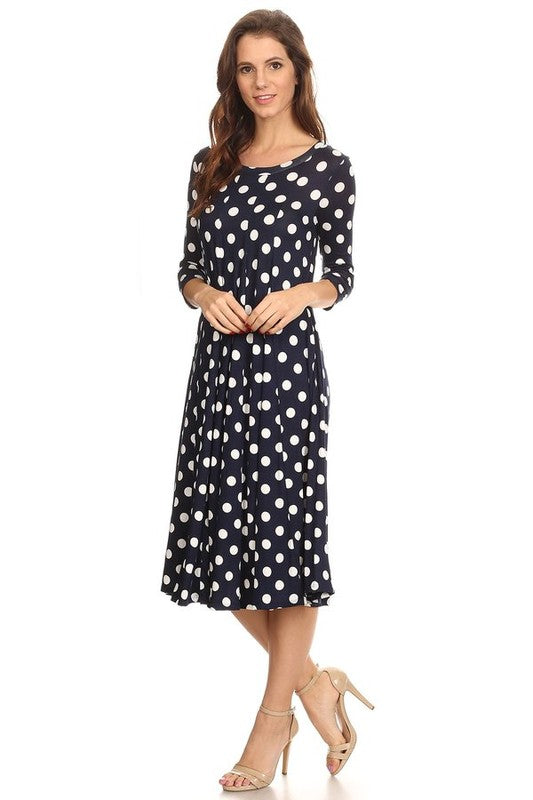 Polka Dot A-Line Midi Dress - Stylish and Flattering with 3/4 Sleeves
