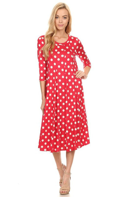 Polka Dot A-Line Midi Dress - Stylish and Flattering with 3/4 Sleeves