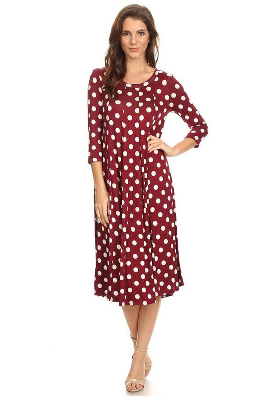 Polka Dot A-Line Midi Dress - Stylish and Flattering with 3/4 Sleeves