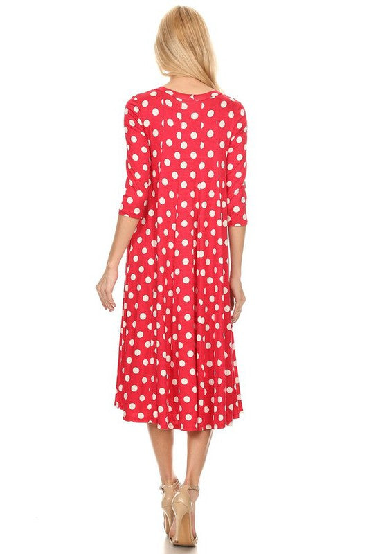 Polka Dot A-Line Midi Dress - Stylish and Flattering with 3/4 Sleeves