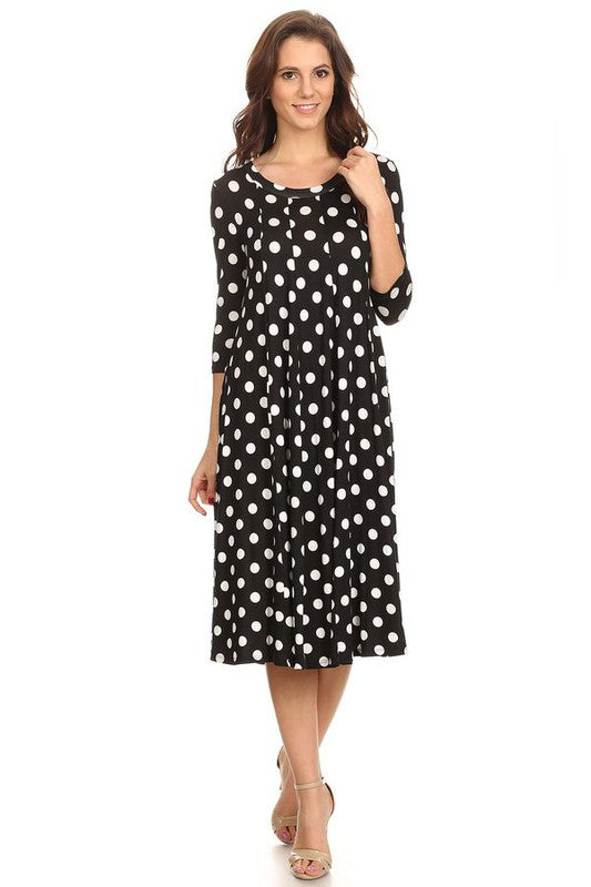 Polka Dot A-Line Midi Dress - Stylish and Flattering with 3/4 Sleeves