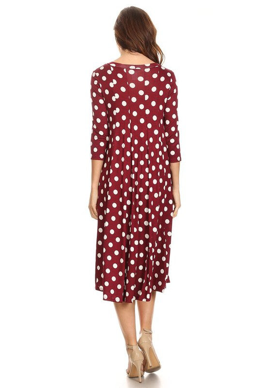 Polka Dot A-Line Midi Dress - Stylish and Flattering with 3/4 Sleeves