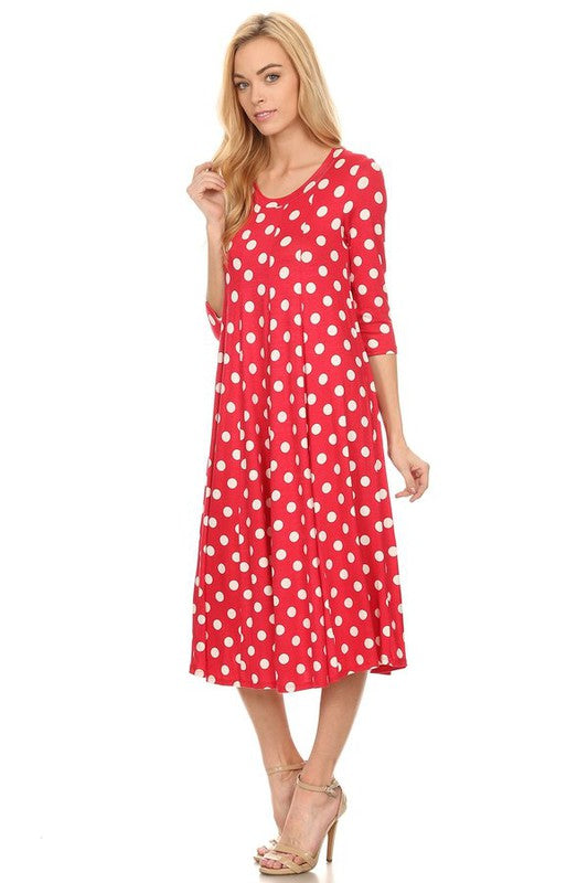Polka Dot A-Line Midi Dress - Stylish and Flattering with 3/4 Sleeves