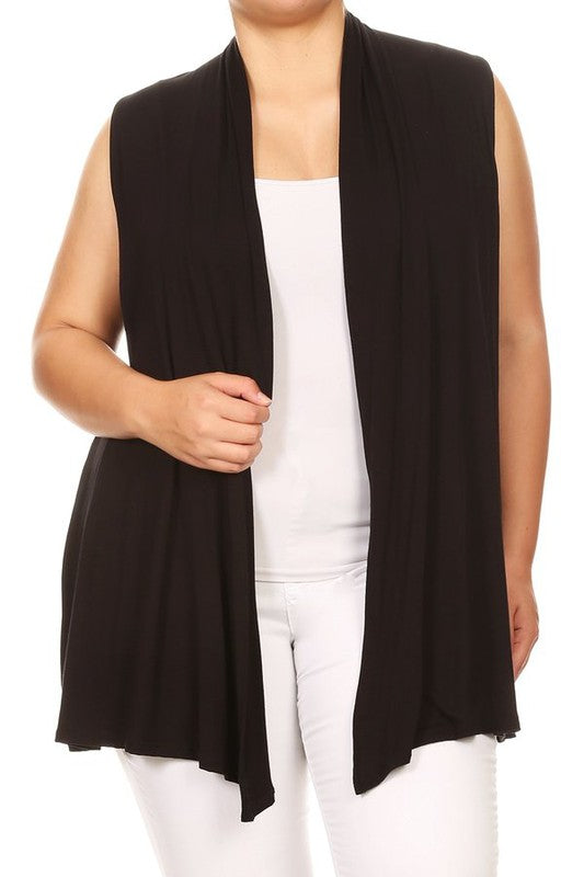 Solid Open Front Vest - Loose Fit, Long Body, Draped Neck, Asymmetrical Hem