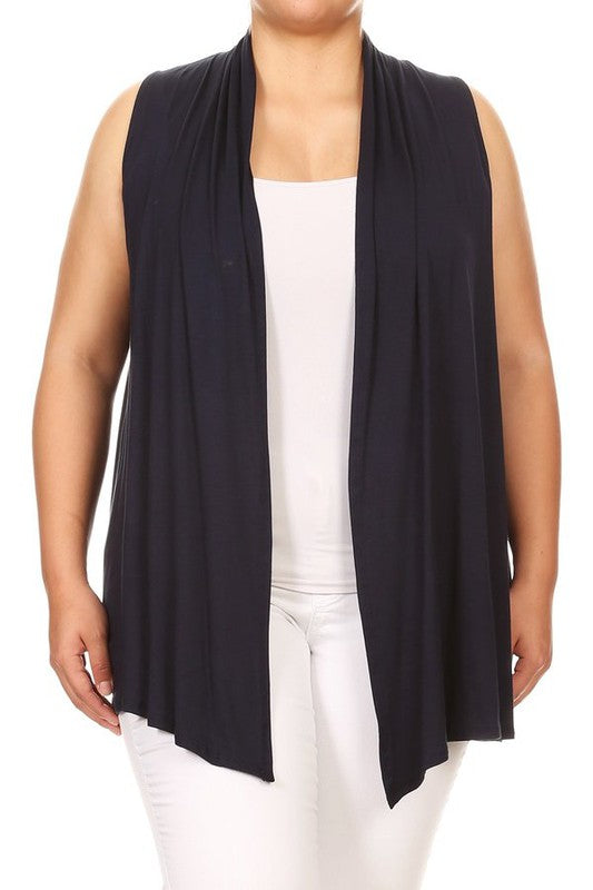Solid Open Front Vest - Loose Fit, Long Body, Draped Neck, Asymmetrical Hem