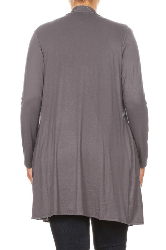 Plus Size Loose Fit Knee Length Duster Cardigan - Open Front, Long Sleeves, Side Pockets
