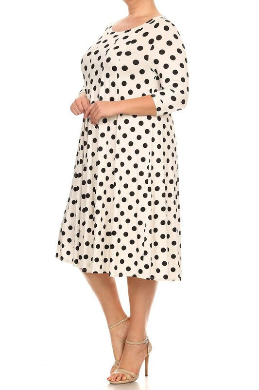 Polka Dot Midi Dress - Relaxed Fit, A-Line, 3/4 Sleeves
