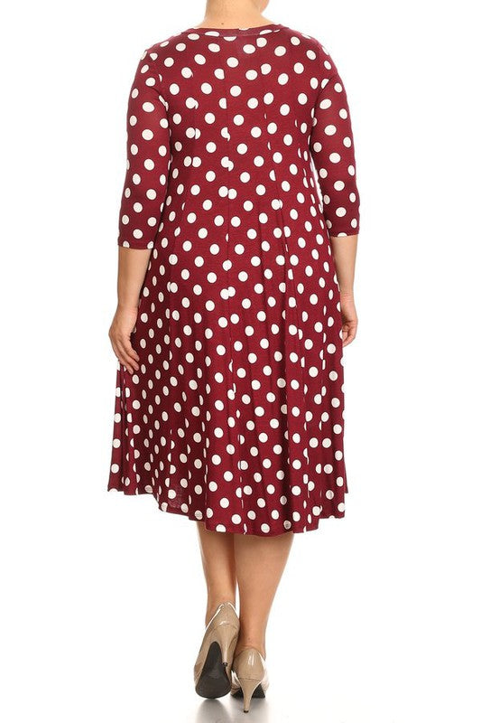 Polka Dot Midi Dress - Relaxed Fit, A-Line, 3/4 Sleeves