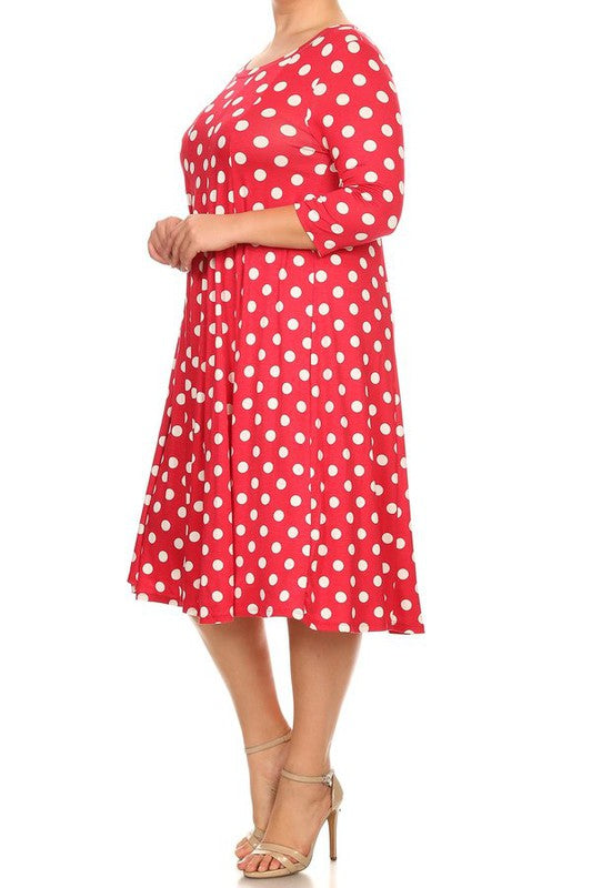 Polka Dot Midi Dress - Relaxed Fit, A-Line, 3/4 Sleeves