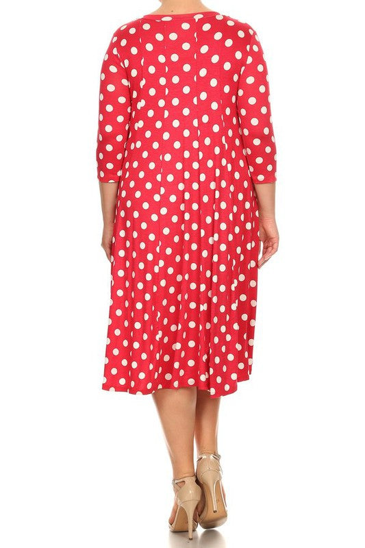 Polka Dot Midi Dress - Relaxed Fit, A-Line, 3/4 Sleeves
