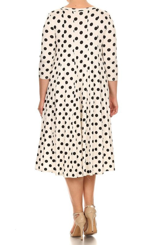Polka Dot Midi Dress - Relaxed Fit, A-Line, 3/4 Sleeves