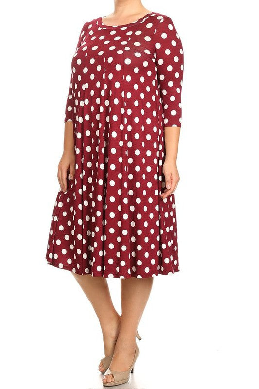 Polka Dot Midi Dress - Relaxed Fit, A-Line, 3/4 Sleeves