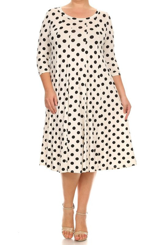 Polka Dot Midi Dress - Relaxed Fit, A-Line, 3/4 Sleeves