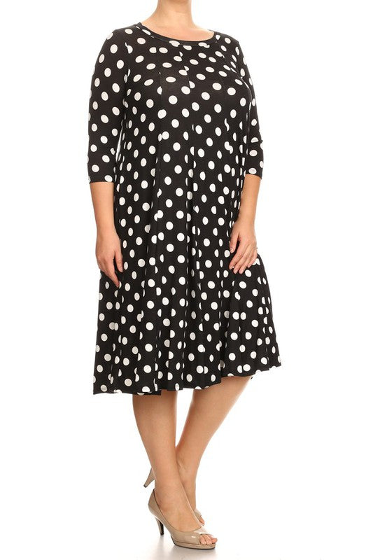 Polka Dot Midi Dress - Relaxed Fit, A-Line, 3/4 Sleeves