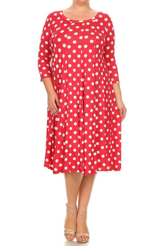 Polka Dot Midi Dress - Relaxed Fit, A-Line, 3/4 Sleeves