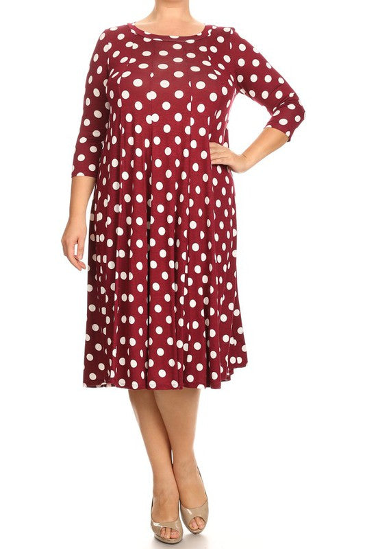 Polka Dot Midi Dress - Relaxed Fit, A-Line, 3/4 Sleeves