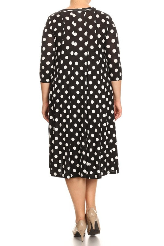 Polka Dot Midi Dress - Relaxed Fit, A-Line, 3/4 Sleeves