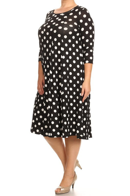 Polka Dot Midi Dress - Relaxed Fit, A-Line, 3/4 Sleeves