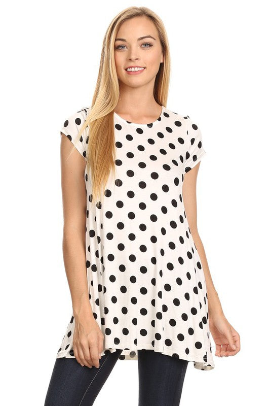 MOA Collection Polka Dot Printed Tunic Top with Short Sleeves and Waist Pockets
