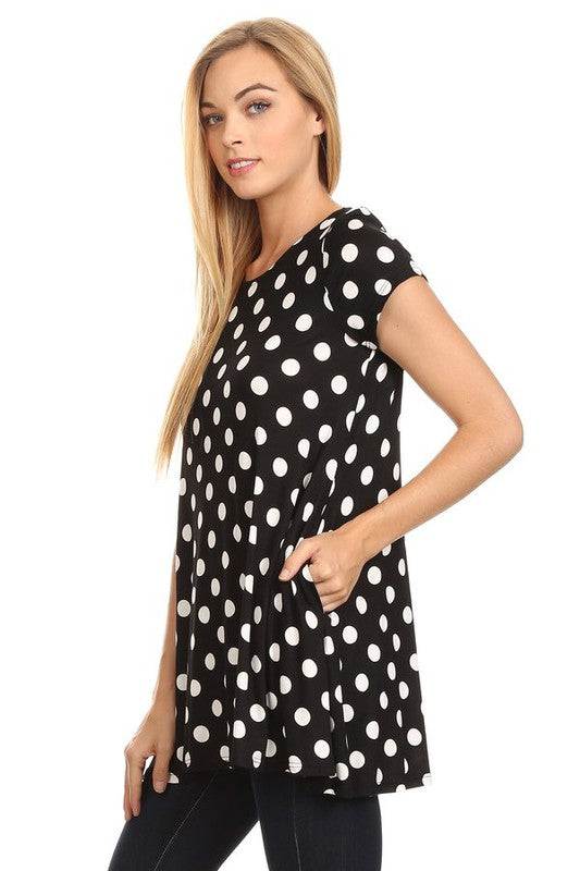 MOA Collection Polka Dot Printed Tunic Top with Short Sleeves and Waist Pockets