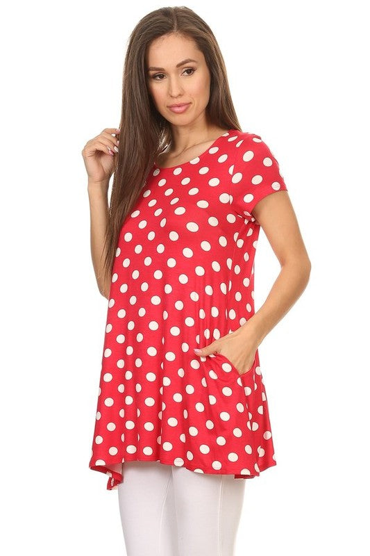 MOA Collection Polka Dot Printed Tunic Top with Short Sleeves and Waist Pockets