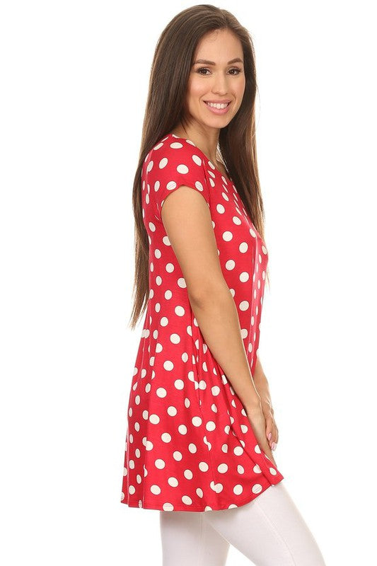 MOA Collection Polka Dot Printed Tunic Top with Short Sleeves and Waist Pockets
