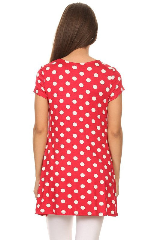 MOA Collection Polka Dot Printed Tunic Top with Short Sleeves and Waist Pockets
