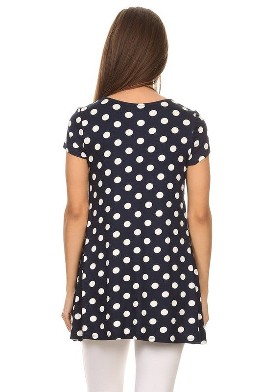 MOA Collection Polka Dot Printed Tunic Top with Short Sleeves and Waist Pockets