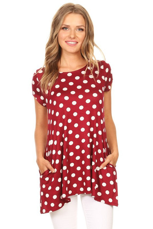 MOA Collection Polka Dot Printed Tunic Top with Short Sleeves and Waist Pockets