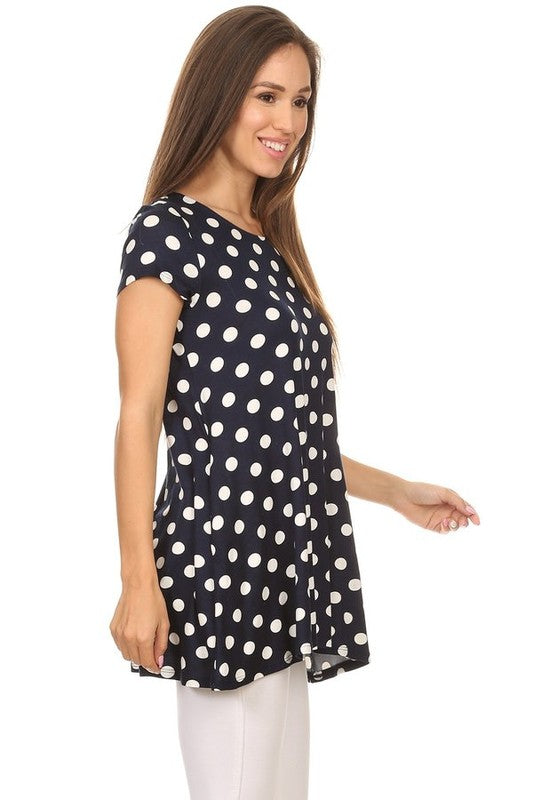MOA Collection Polka Dot Printed Tunic Top with Short Sleeves and Waist Pockets
