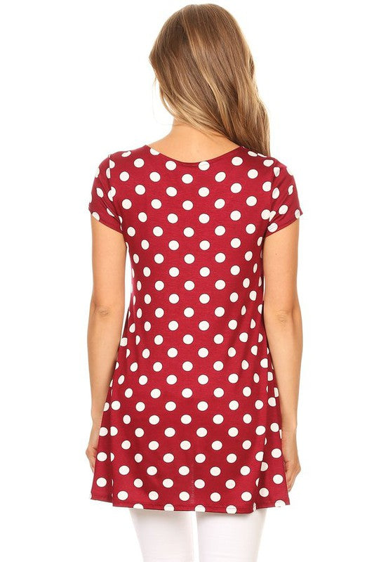 MOA Collection Polka Dot Printed Tunic Top with Short Sleeves and Waist Pockets