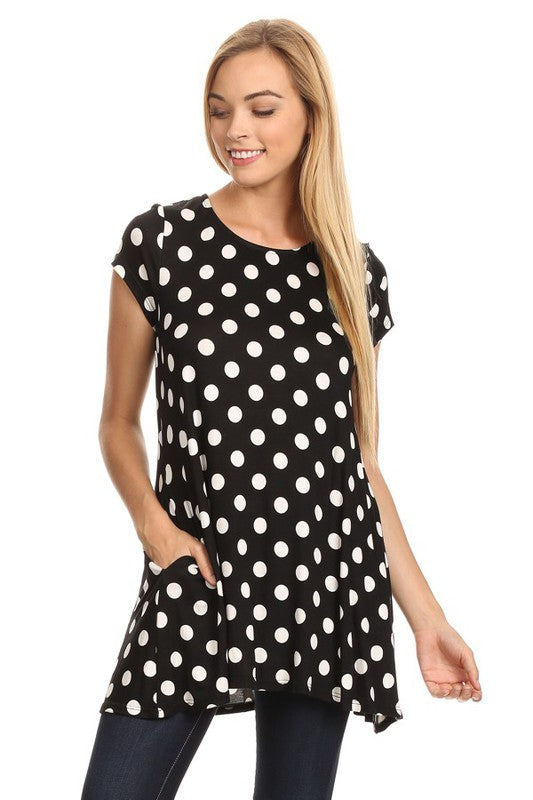 MOA Collection Polka Dot Printed Tunic Top with Short Sleeves and Waist Pockets