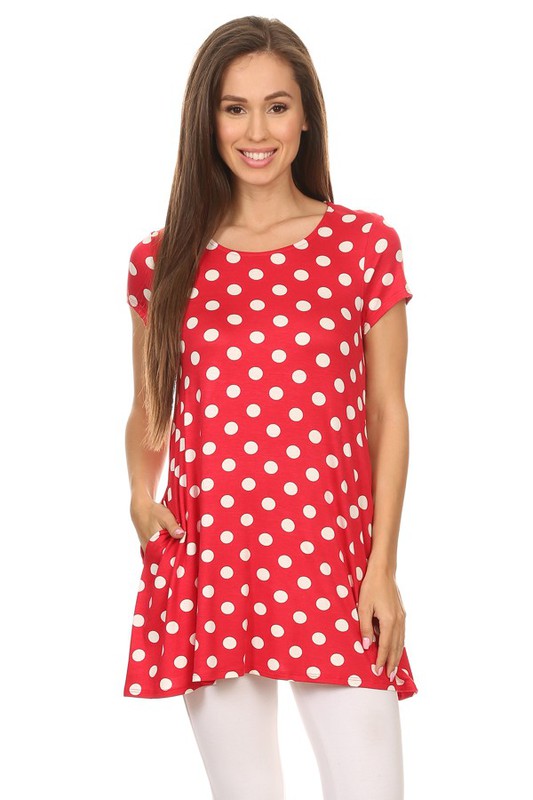 MOA Collection Polka Dot Printed Tunic Top with Short Sleeves and Waist Pockets