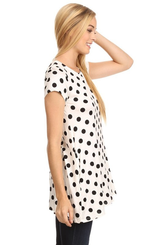 MOA Collection Polka Dot Printed Tunic Top with Short Sleeves and Waist Pockets