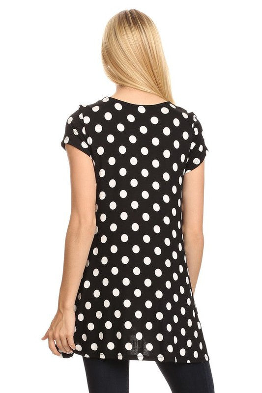 MOA Collection Polka Dot Printed Tunic Top with Short Sleeves and Waist Pockets