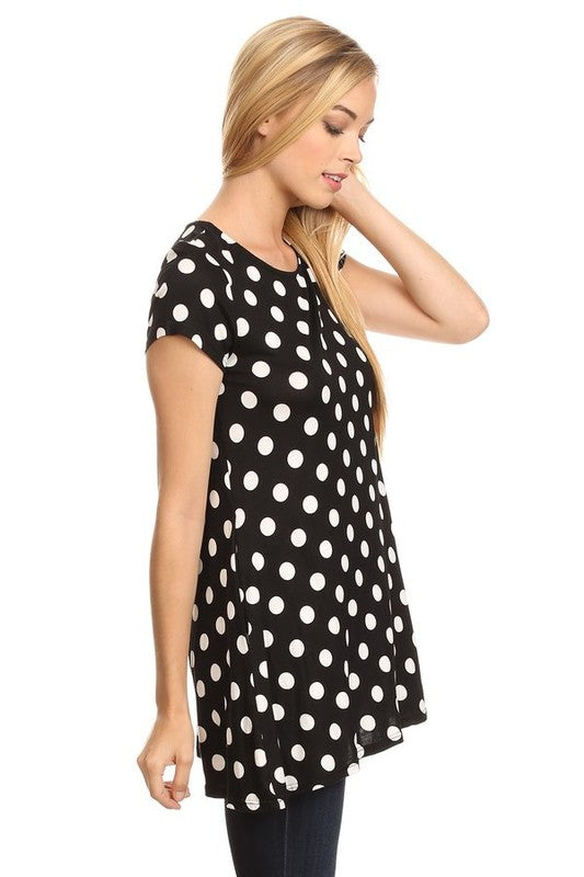 MOA Collection Polka Dot Printed Tunic Top with Short Sleeves and Waist Pockets