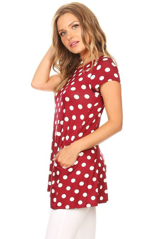 MOA Collection Polka Dot Printed Tunic Top with Short Sleeves and Waist Pockets