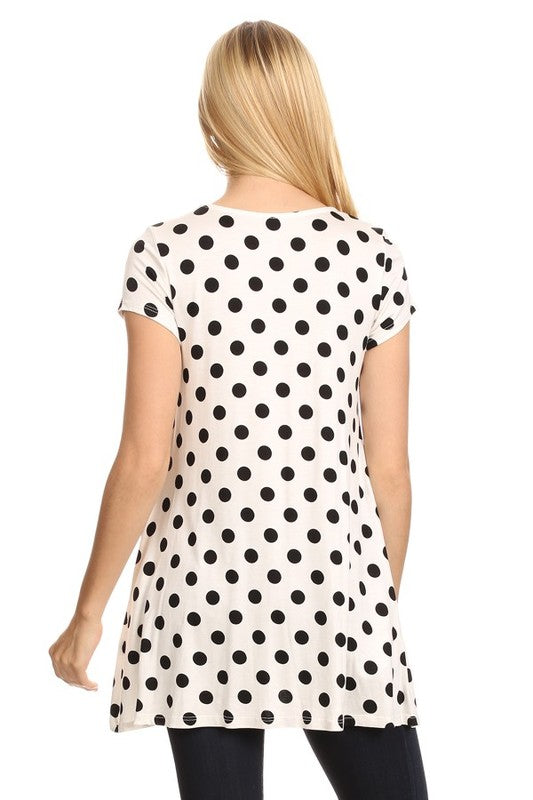 MOA Collection Polka Dot Printed Tunic Top with Short Sleeves and Waist Pockets
