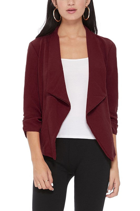 MOA Collection Solid Waist-Length Blazer Jacket with Ruched 3/4 Sleeves