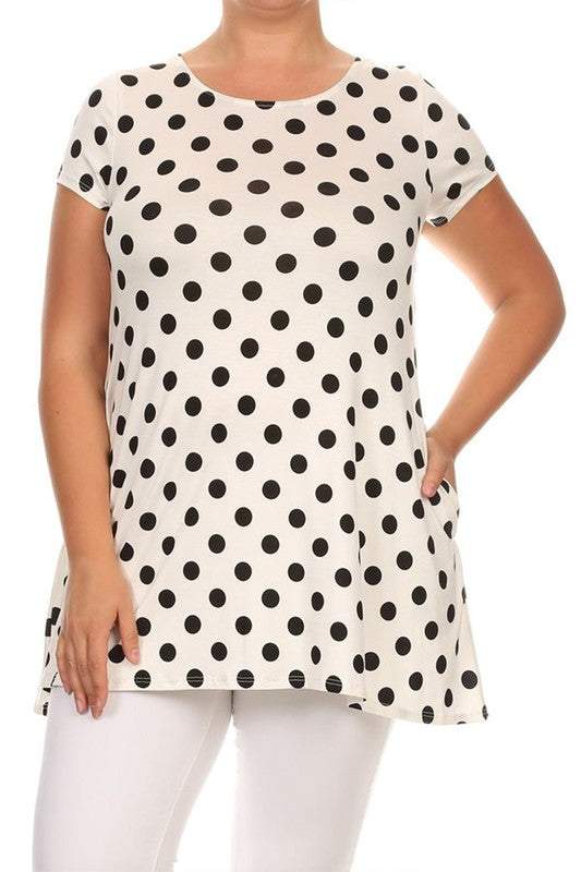 Polka Dot Tunic Top Loose Fit, Round Neck, Short Sleeves Curved Hem Side Pockets