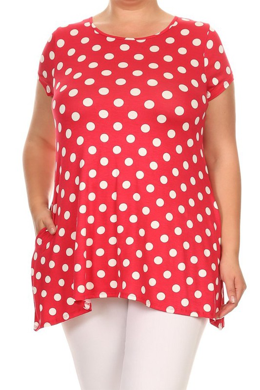 Polka Dot Tunic Top Loose Fit, Round Neck, Short Sleeves Curved Hem Side Pockets