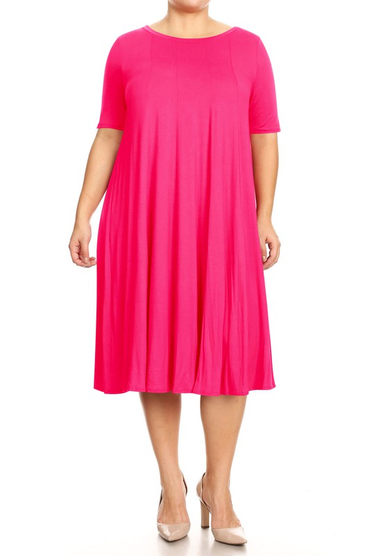 Jersey Knit Midi A-Line Dress - Plus Size, Loose Fit, Short Sleeve