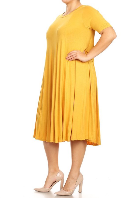 Jersey Knit Midi A-Line Dress - Plus Size, Loose Fit, Short Sleeve