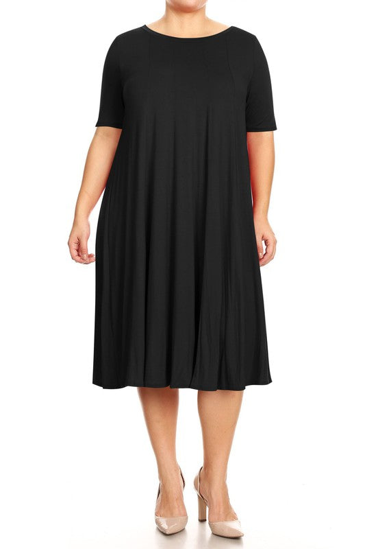 Jersey Knit Midi A-Line Dress - Plus Size, Loose Fit, Short Sleeve