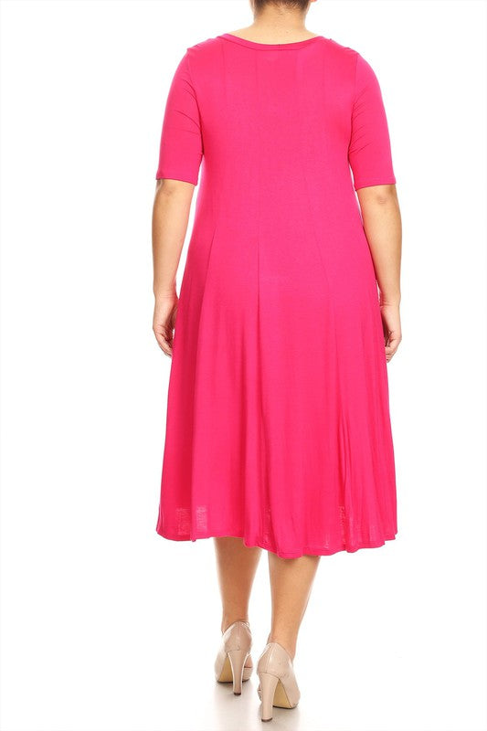 Jersey Knit Midi A-Line Dress - Plus Size, Loose Fit, Short Sleeve