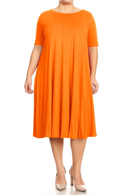 Jersey Knit Midi A-Line Dress - Plus Size, Loose Fit, Short Sleeve